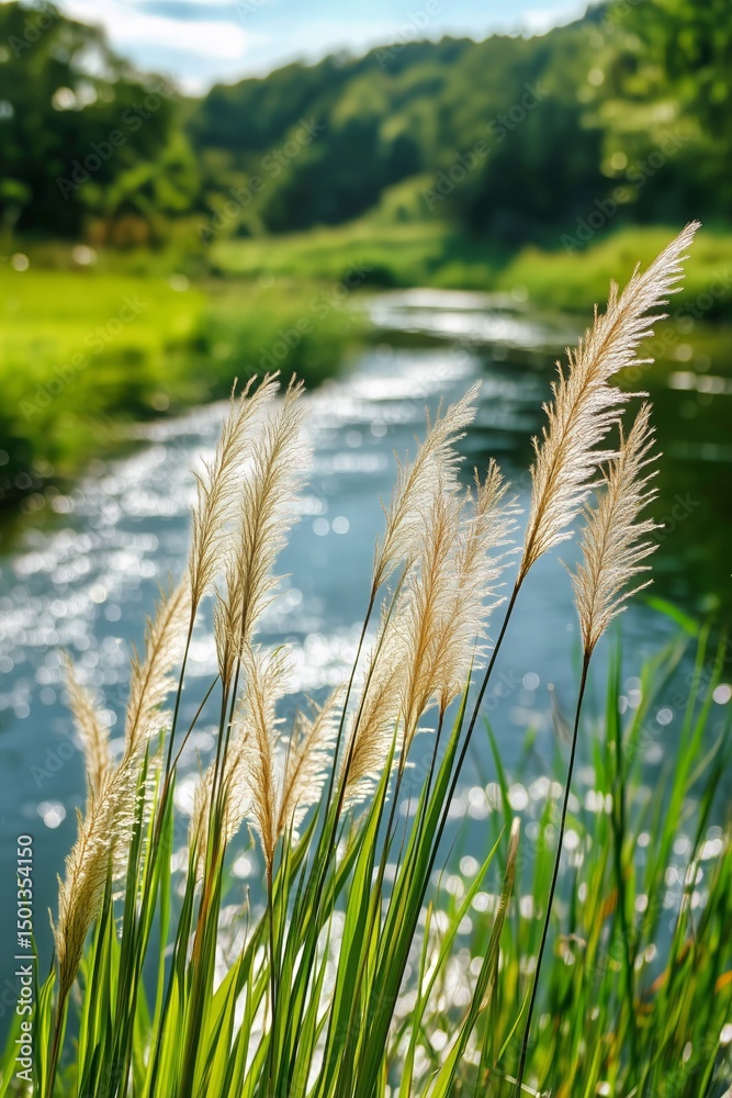 Obraz premium Golden Grass Sways Gently Near a Serene River Surrounded by Lush Greenery in Spring Season