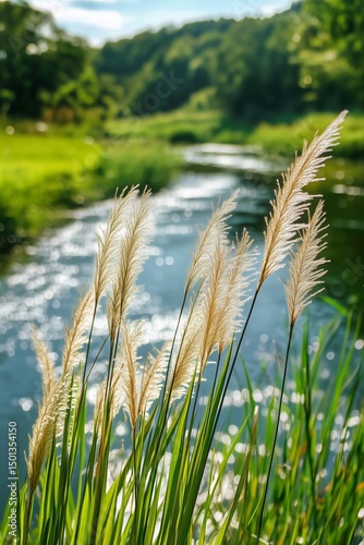 Golden Grass Sways Gently Near a Serene River Surrounded by Lush Greenery in ...