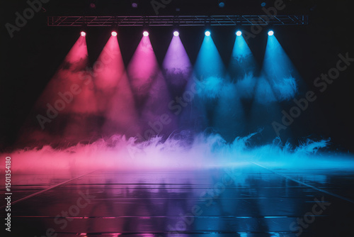 Cyberpunk spotlight scene with pink and blue lights illuminating smoky concrete concert stage

