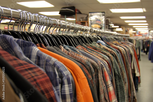 Second hand clothes shop filled with a vibrant array of shirts and jackets in organized chaos