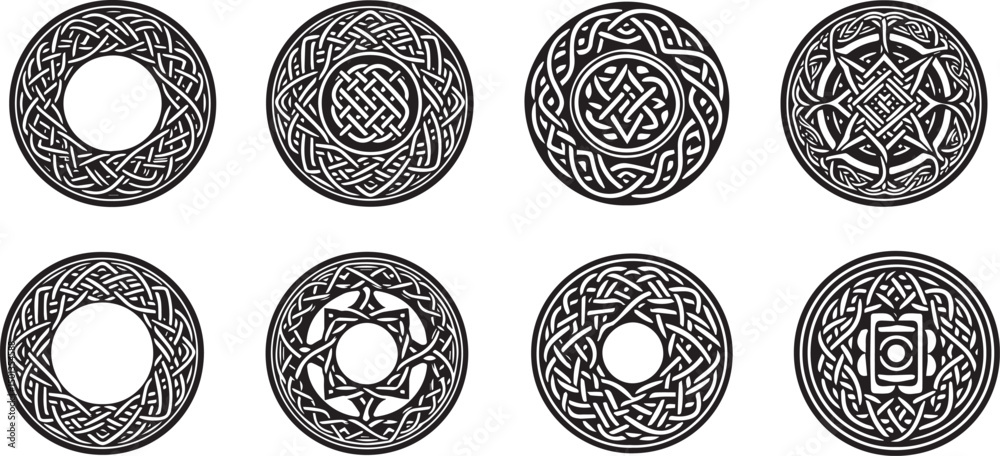 Celtic circle frames. Vintage round border frames with celtic knots, knotted braid ornaments northern Irish motifs. Circular magical patterns vector