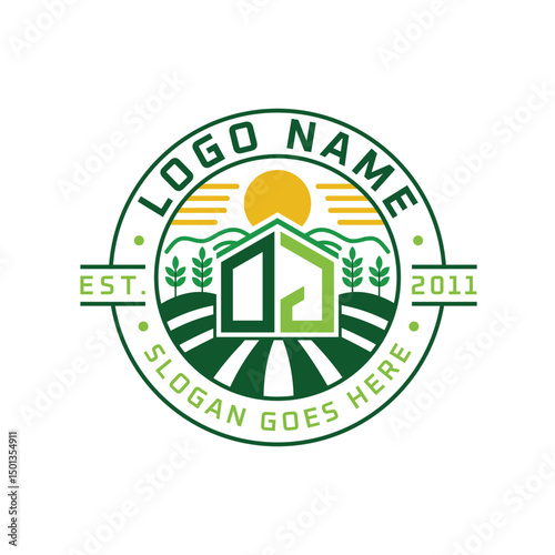 Modern Farmhouse DJ Logo Design. Letter DJ Agriculture Logo with Sun, Field, and Nature Elements