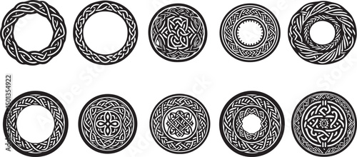 Celtic circle frames. Vintage round border frames with celtic knots, knotted braid ornaments northern Irish motifs. Circular magical patterns vector