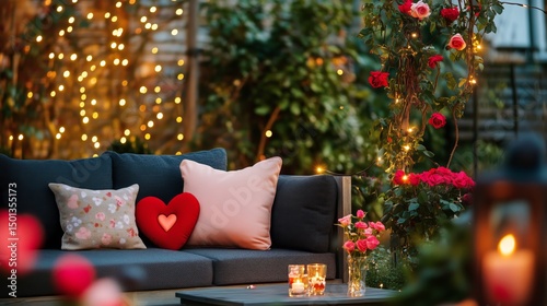 Cozy Outdoor Seating Decorated With Roses and Fairy Lights Creates a Romantic...