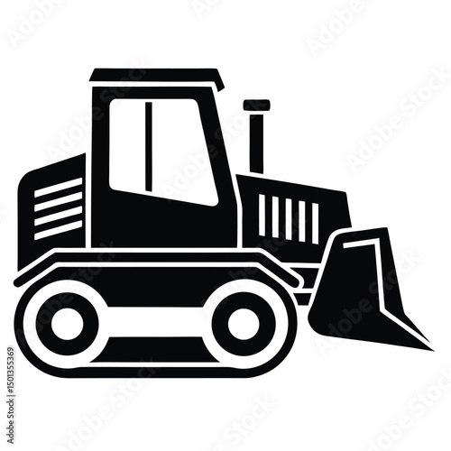 Vector illustration of heavy industrial farm and construction machinery including a tractor, truck, and bulldozer vehicle