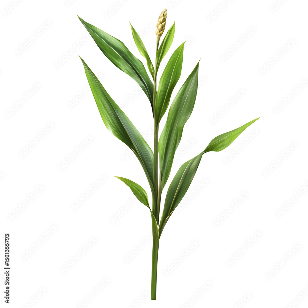 Fototapeta premium Green Galangal Plant with Flower Bud Isolated on Black Background