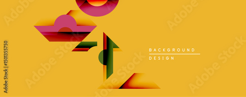 Abstract geometric shapes overlap, creating dynamic composition. Warm yellow background contrasts with red, pink, green layers. Modern design element for backgrounds.