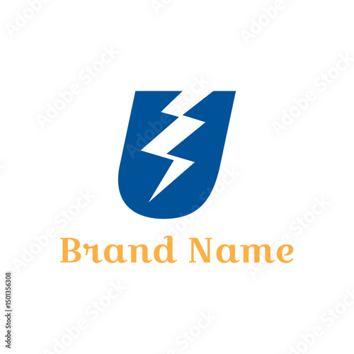 Business logo design concept vector illustration. U letter logo with thunder bolt icon in negative space.