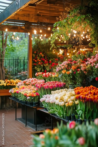 Vibrant Flower Market With Colorful Tulips and Roses Illuminated by Warm Stri...