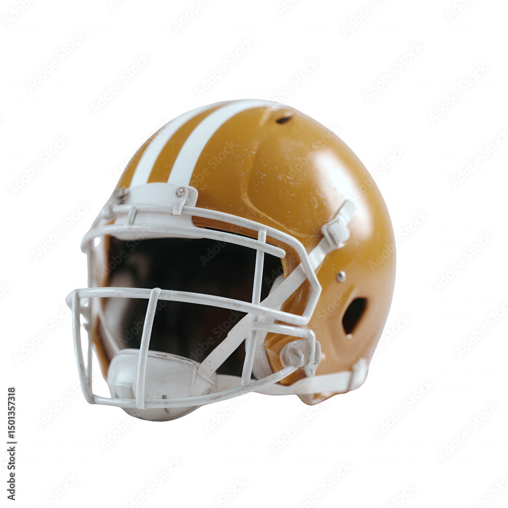 Fototapeta premium A vibrant and detailed close-up of an American football helmet featuring a glossy golden exterior and white stripes, isolated against a clean background.