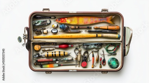 Various fishing lures and tools arranged in an open tackle box ready for a day of fishing on the water.