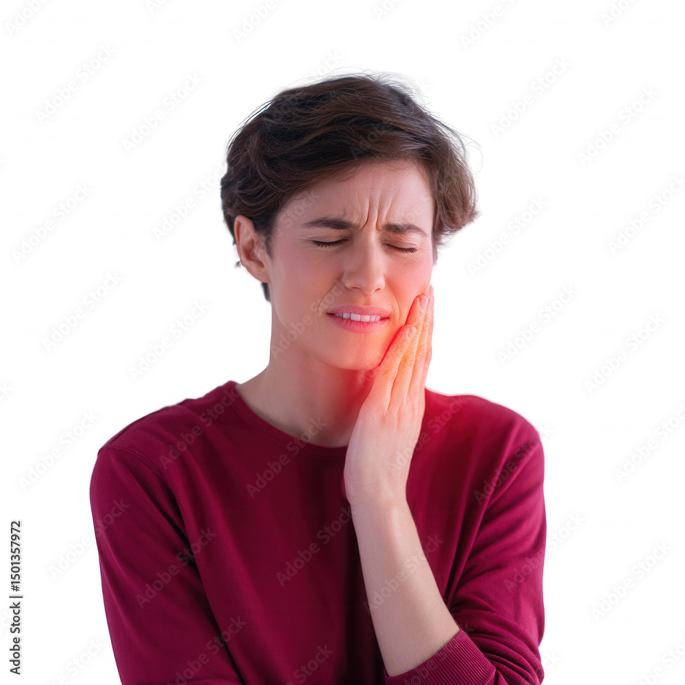 A woman experiencing dental pain, holding her jaw in discomfort. Isolated on white background, emphasizing her expression of distress and need for dental care. A woman experiencing dental pain, holding her jaw in discomfort. Isolated on white background, emphasizing her expression of distress and need for dental care.