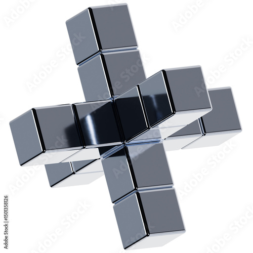 Chrome Plus Sign Made of 3D Cubes
