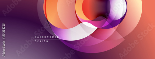 Abstract design features overlapping circles, gradients. Purple, orange hues create modern visual effect. Smooth transitions dominate composition.