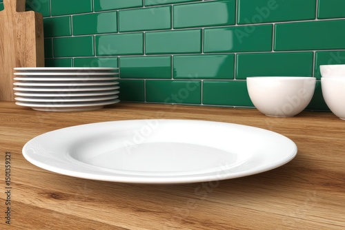 Empty white plate on a wooden kitchen countertop with green tiles
