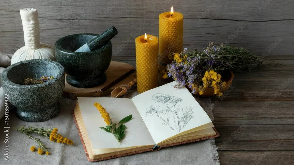 Herbal apothecary setup with candles, mortar, and open sketchbook