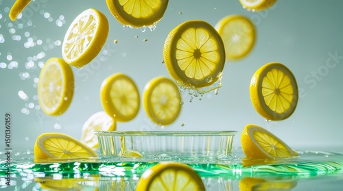 Lemon slices frozen in the air, falling into a container with water. Dynamic highlights and shadows highlight texture, creating an iridescent effect against the minimalist composition.