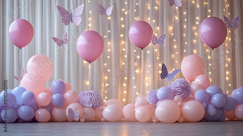 Magical birthday party backdrop with pink and lavender balloons, fairy lights, and paper butterflies  