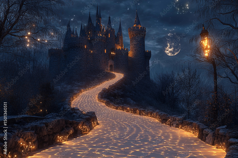 Naklejka premium Majestic castle illuminated by glowing pathway at night under a starry sky