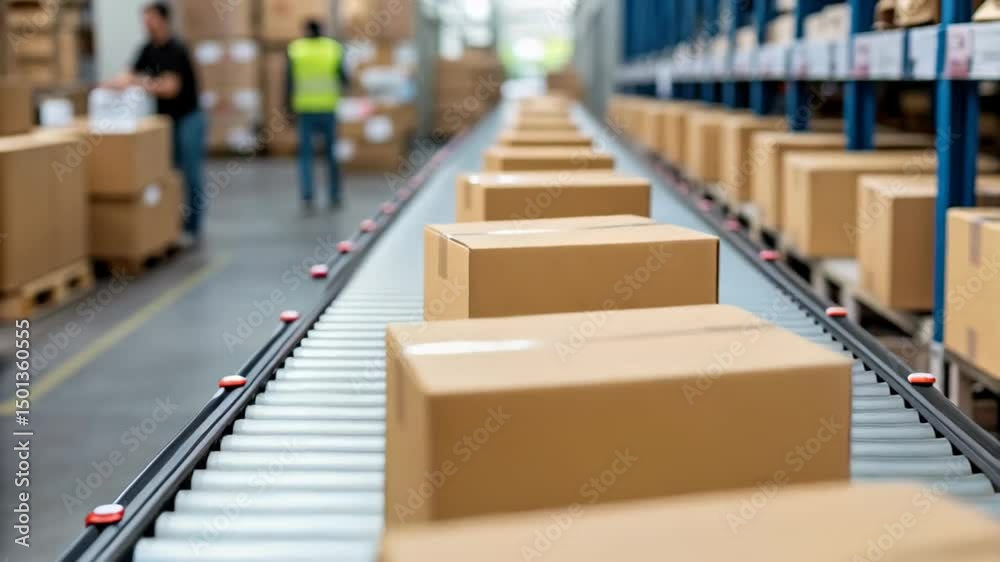 Workers manage the sorting of packages on a conveyor belt inside a busy warehouse in the afternoon. The environment shows organized storage and teamwork to ensure timely deliveries