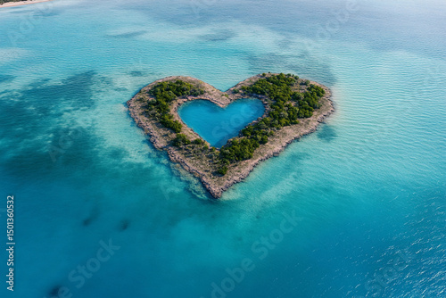 Heart-shaped island surrounded by turquoise water in a tropical setting