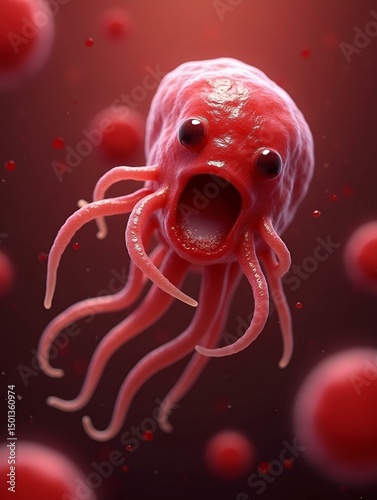 Entamoeba histolytica protozoan engulfing red blood cells. Parasite which causes amoebic dysentery and ulcers. It has ability to engulf red blood cells and is called erythrophage 3D illustration