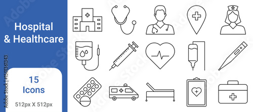 Hospital icon set featuring doctors, nurses, medical equipment, emergency, treatment, and healthcare symbols. Ideal for apps, websites, infographics, and health services.