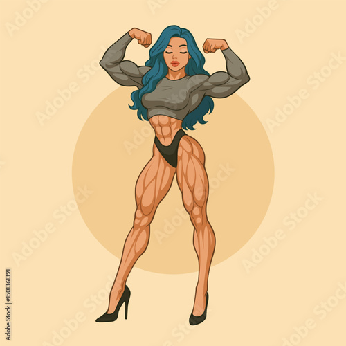 Stylized Illustration of a Muscular Female Bodybuilder Posing