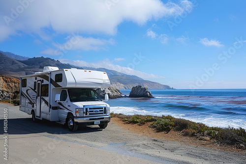 Holiday trip on large family motorhome for holiday in beautiful natural nature, abstract vivid composition consists of fictional unreal fantastic vision on background