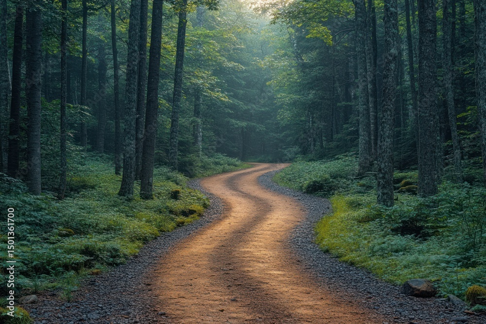 Obraz premium Tranquil Cedar Forest Path at Sunrise