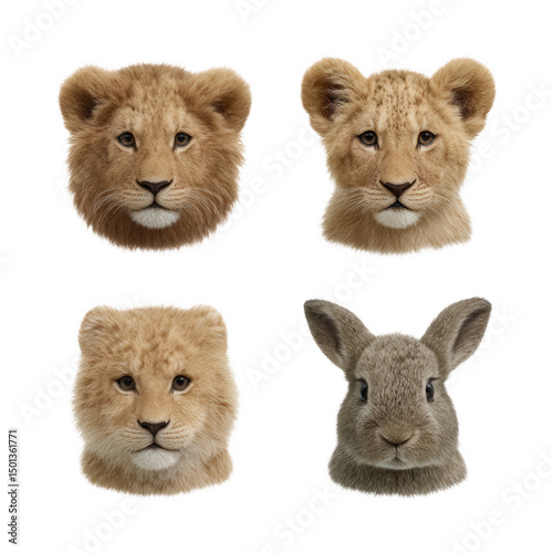 Four adorable animal heads featuring lion cubs and a bunny, perfectly illustrated with fuzzy fur and expressive faces, isolated on a white background. photo