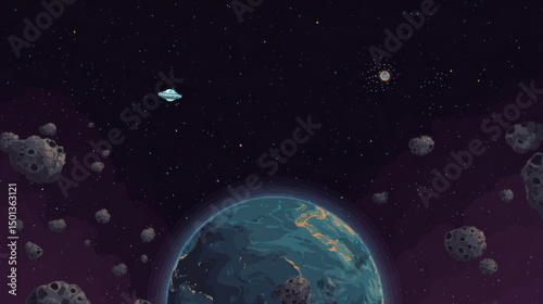 Space game ui level map with planet vector galaxy background. Alien ufo for 2d arcade mobile videogame flying near asteroid in cosmos for high score. Childish adventure app route landscape design