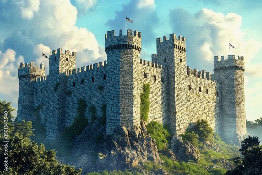 Fototapeta premium Castle with brightly shining walls stands cheerfully against a backdrop of majestic mountains and clear blue skies