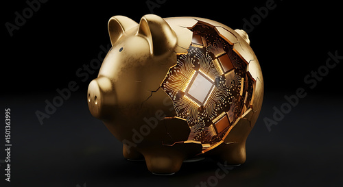 Tech-Driven Finance: Golden Piggy Bank with Microchip
