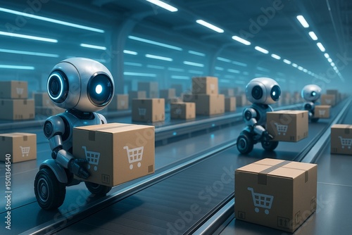 Futuristic 3D illustration featuring adorable robots on conveyor belts carrying shipping boxes in a high-tech warehouse. The sci-fi scene combines automation, efficiency and robotics  photo