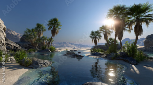 Water puddle and palm trees in hot desert. Vector cartoon illustration of rocky landscape with stones, natural oasis with small lake and green plants around, sun shining bright in blue sky with clouds