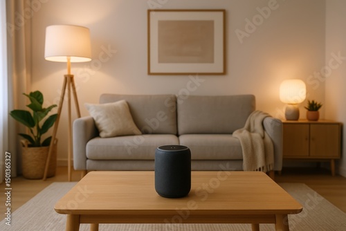 Modern minimalist living room with neutral tones, wooden furniture, and a smart speaker on the table. A cozy space combining style and tech.
