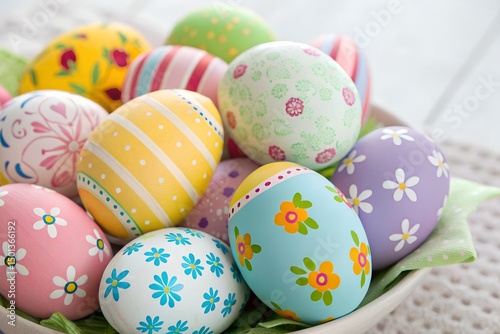 Collection of colorful Easter eggs decorated with floral and striped patterns perfect for holiday celebrations and spring designs