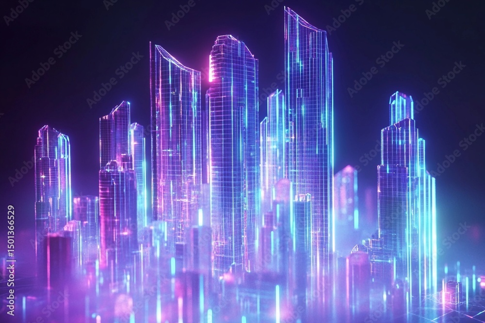 Holographic cityscape featuring towering glass skyscrapers illuminated in a futuristic urban setting Holographic cityscape featuring towering glass skyscrapers illuminated in a futuristic urban setting