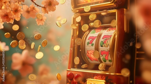 Slot Machine with Falling Coins, Cherry Blossoms Background, Digital Art