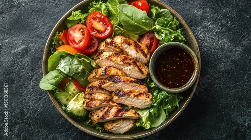 A beautifully styled fresh salad with leafy greens, grilled chicken, and balsamic dressing on a dark textured background