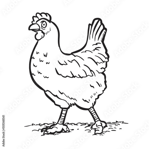 a curious looking hen. Vector illustration. Drawing simple