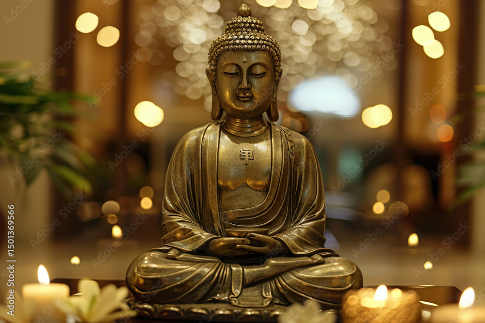 Fototapeta premium Ancient statue great Buddha on bright holiday composition, abstract vivid composition consists of fictional unreal fantastic vision on background