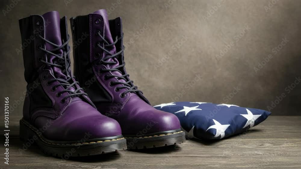 Military boots and folded American flag on wooden surface