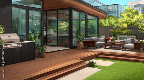Home wooden terrace  bbq area at green lawn view through glass door. Outdoor patio with sofa  armchair  barbeque machine  wood banister at scenery landscape background  Cartoon vector illustration