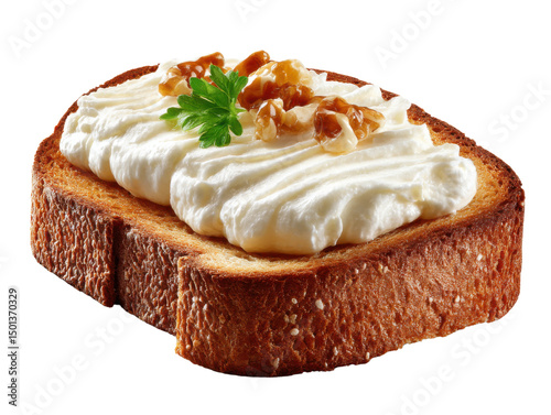 Toast with Cream and Walnut: A tempting still life of a slice of toast lavishly topped with a swirl of fresh cream and a scattering of walnuts, ready to tantalize the senses.