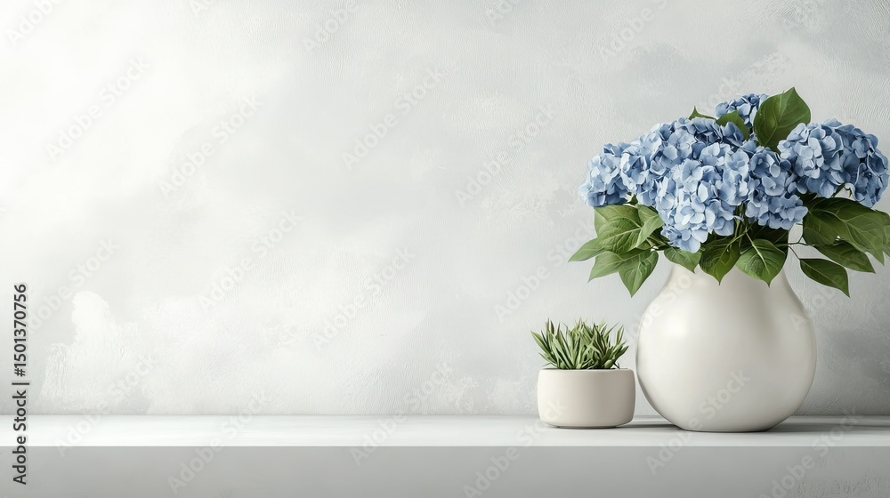 Fototapeta premium A minimalist vase with blue hydrangeas on a floating shelf, styled with neutral home decor elements.