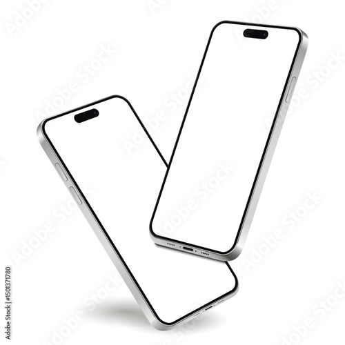 Two smartphones mockup with blank screens while levitating in the air