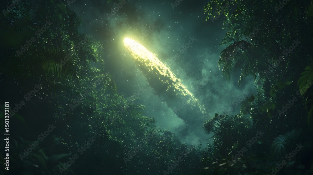 Obraz premium A massive comet illuminating a dense alien jungle at night