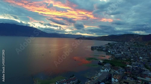 Erhai lake dali at sunrise and sunset viewing from above